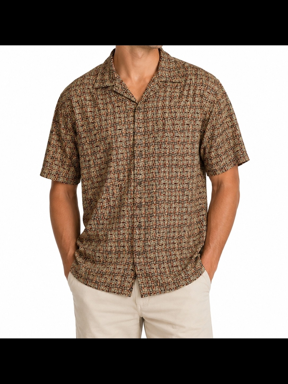 jf j.ferrar Men's Brown Geometric Short-Sleeve Button-Down Shirt Large